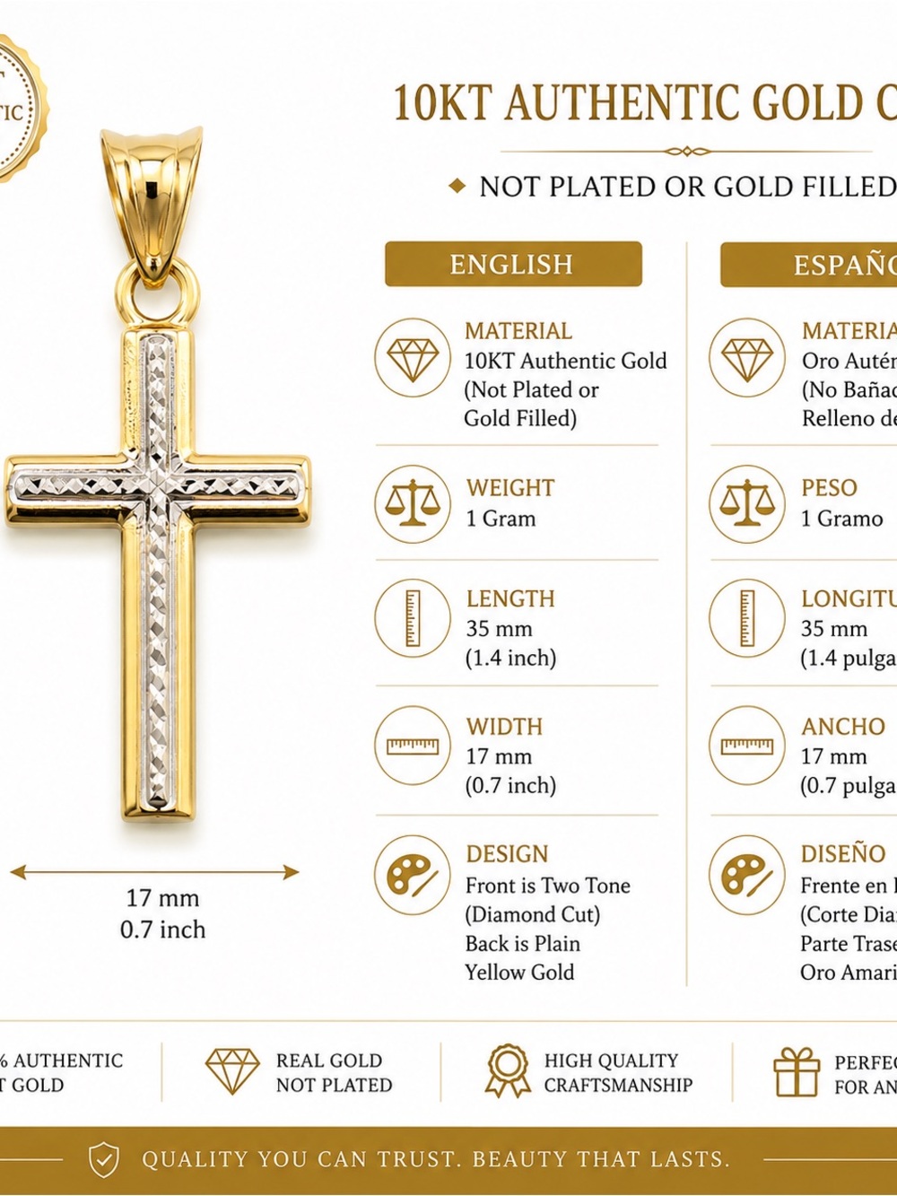 10KT Two-Tone Gold Cross Pendant - Yellow & White Gold